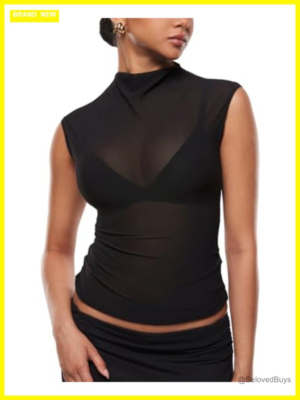 Women's Mesh Mock Neck Tank Top Sleeveless Sheer Slim Fit
